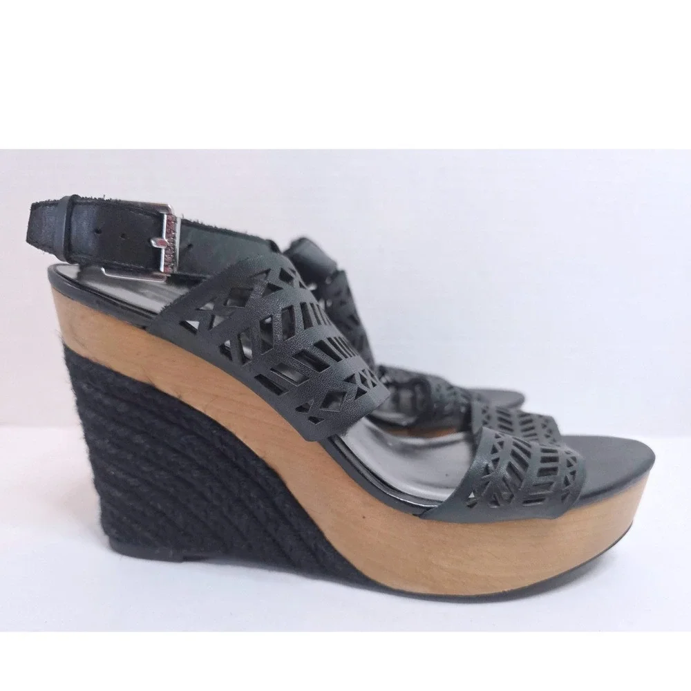 Lauren RL Georgina Black Leather Laser Cut Wood Wedge Platform Sandals 8B